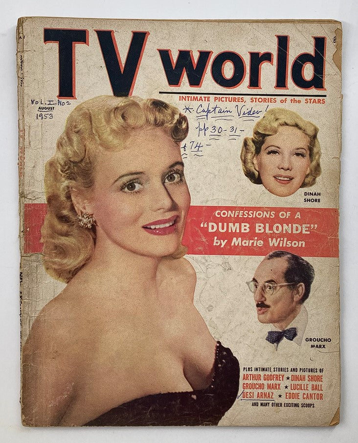 VTG TV World Magazine August 1953 Vol 1 #2 Marie Wilson, Dinah Shore No Label