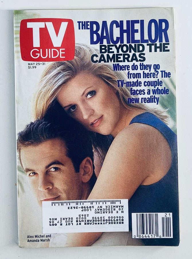 Cover of TV Guide Magazine dated May 25, 2002, featuring Amanda Marsh and Alex Michel, highlighting the theme 'The Bachelor Beyond the Cameras', capturing a moment from early 2000s television history.
