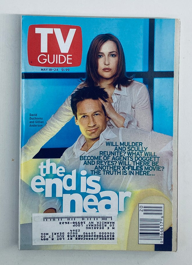 Cover of TV Guide Magazine dated May 18-24, 2002, featuring Gillian Anderson and David Duchovny from The X-Files, with the text 'the end is near'.