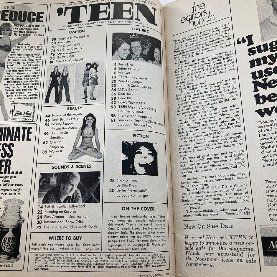 VTG 'Teen Magazine October 1969 Vol 13 #10 The World's Most Beautiful Teens