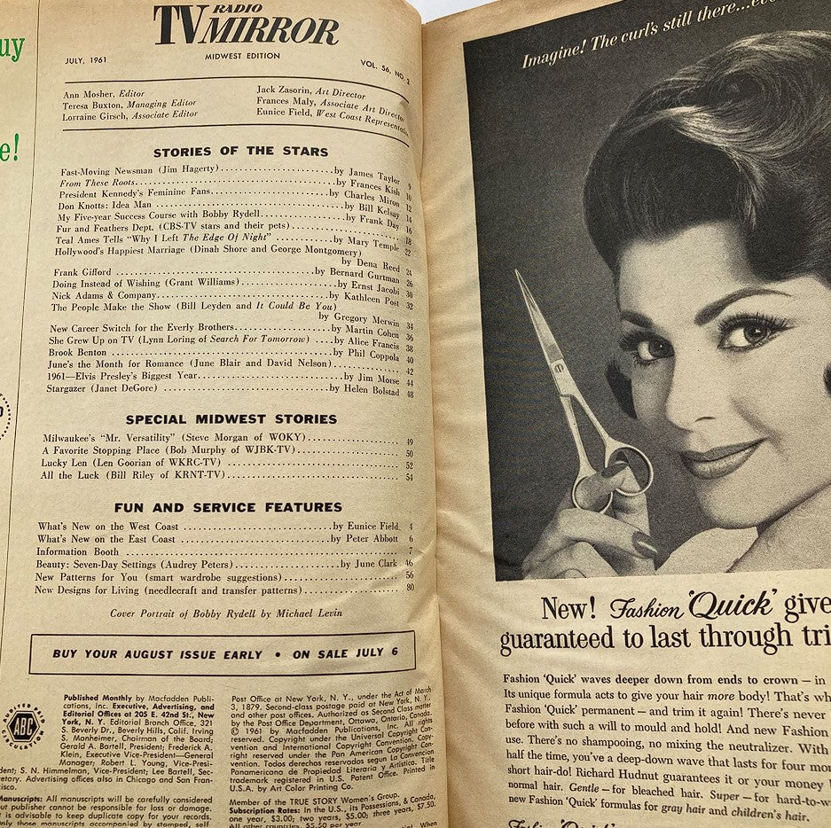 VTG TV Radio Mirror Magazine July 1961 Vol 56 #2 Bobby Rydell Teal Ames No Label