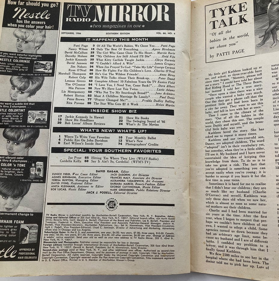 VTG TV Radio Mirror Magazine September 1966 Vol 66 #4 Dorothy Malone No Label