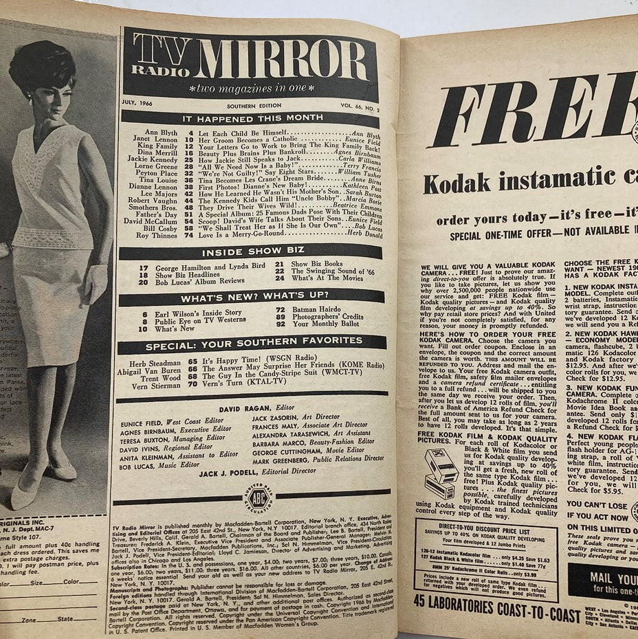 VTG TV Radio Mirror Magazine July 1966 Vol 66 #2 Jacqueline Kennedy No Label