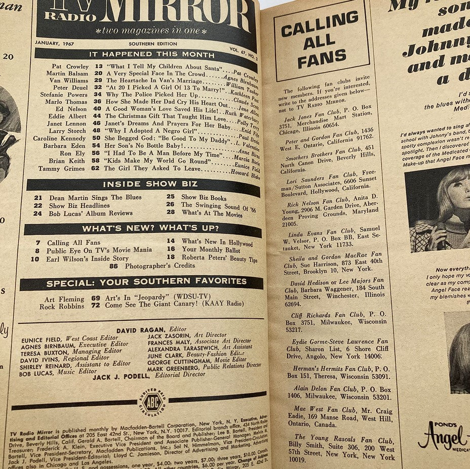 VTG TV Radio Mirror Magazine January 1967 Vol 67 #2 Jacqueline Kennedy No Label