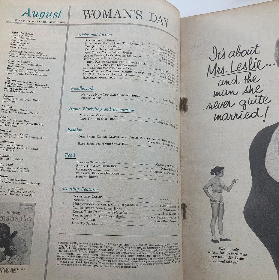 VTG Woman's Day Magazine August 1954 It's A Lovely Rainy Day No Label