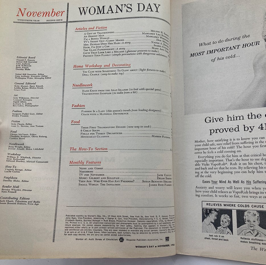 VTG Woman's Day Magazine November 1956 A Gift of Thanksgiving No Label