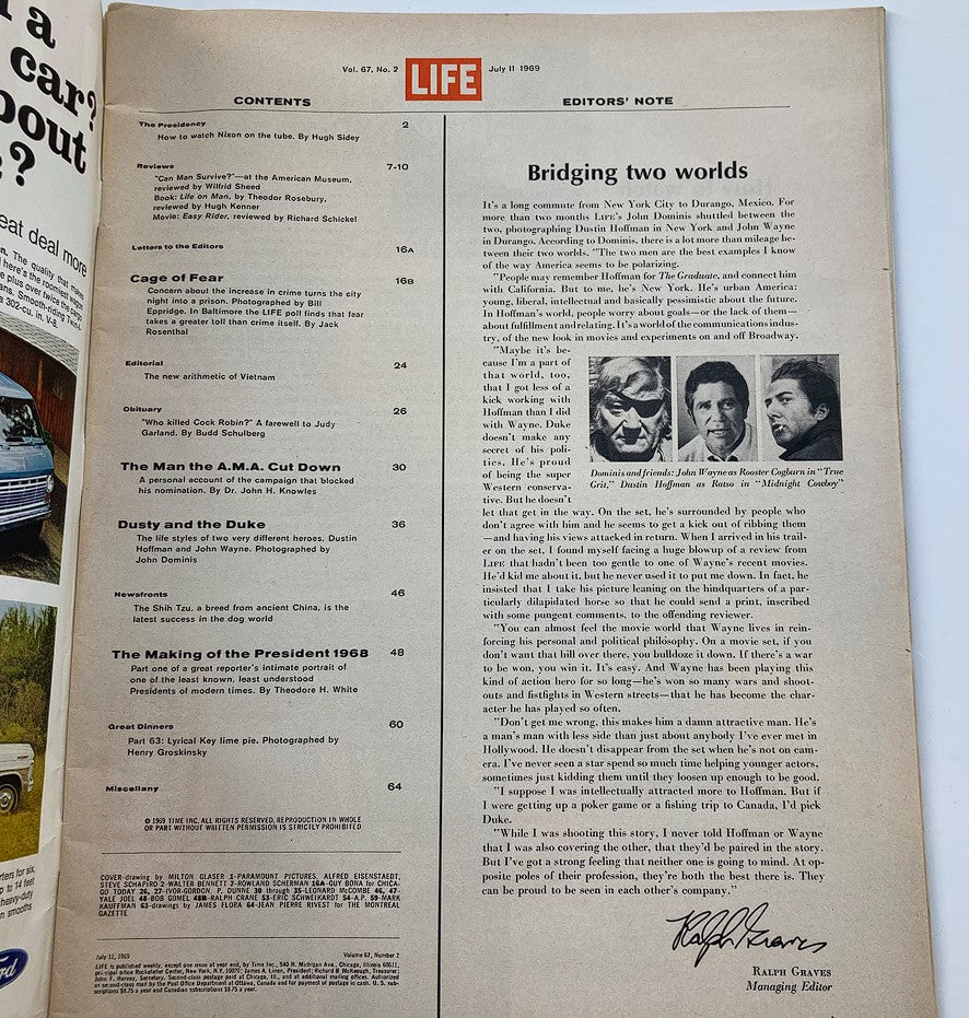 VTG Life Magazine July 11 1969 Vol 67 #2 Dustin Hoffman and John Wayne