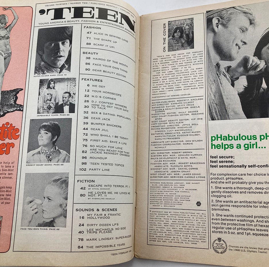 Inside page of VTG 'Teen Magazine February 1969 displaying articles and features, highlighting trends and popular content from the late 1960s.