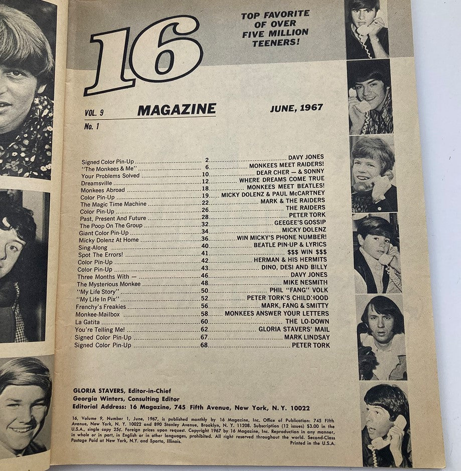 VTG 16 Magazine June 1967 Vol 9 #1 The Monkees & Me w Poster No Label