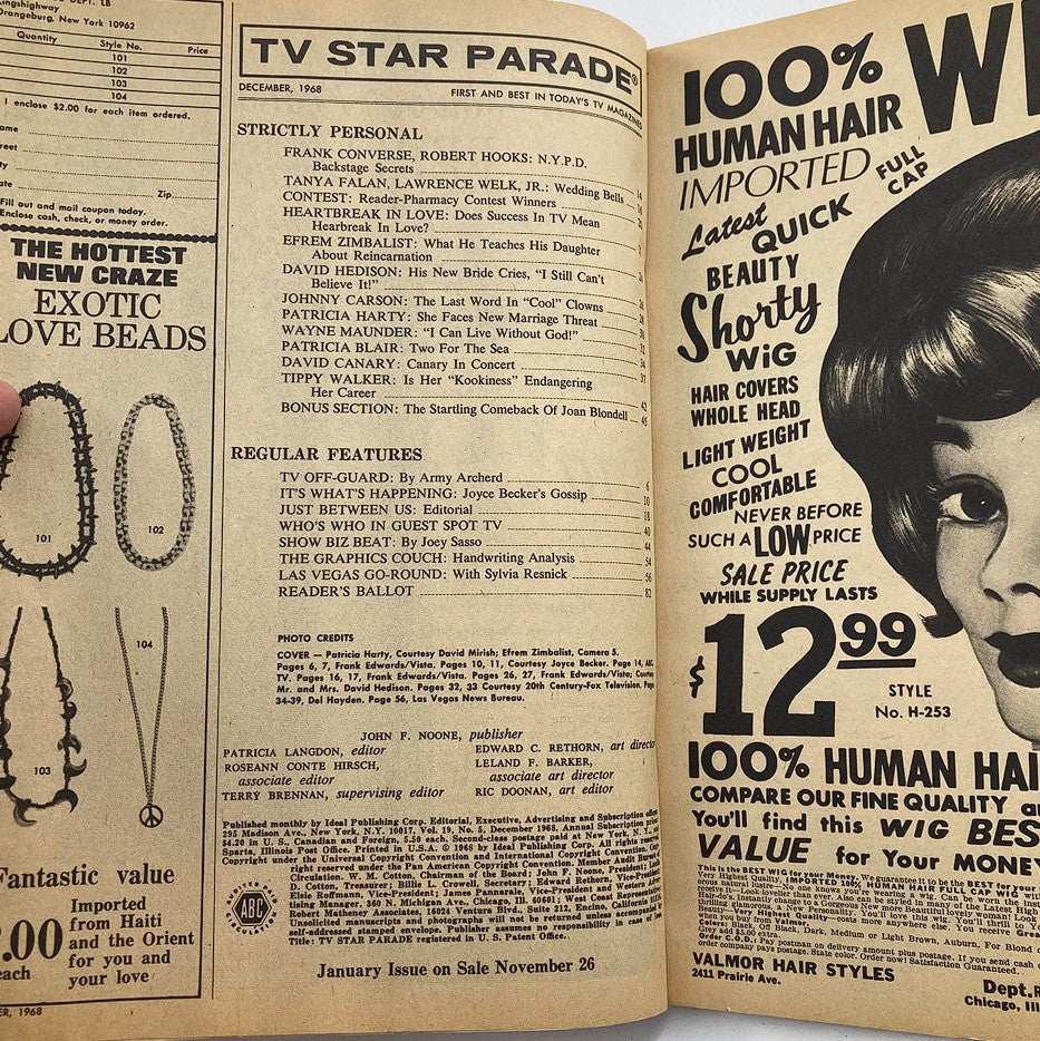 Interior page of the December 1968 VTG TV Star Parade magazine showcasing features and advertisements including a wig for sale and TV gossip, capturing the essence of popular culture in that era.