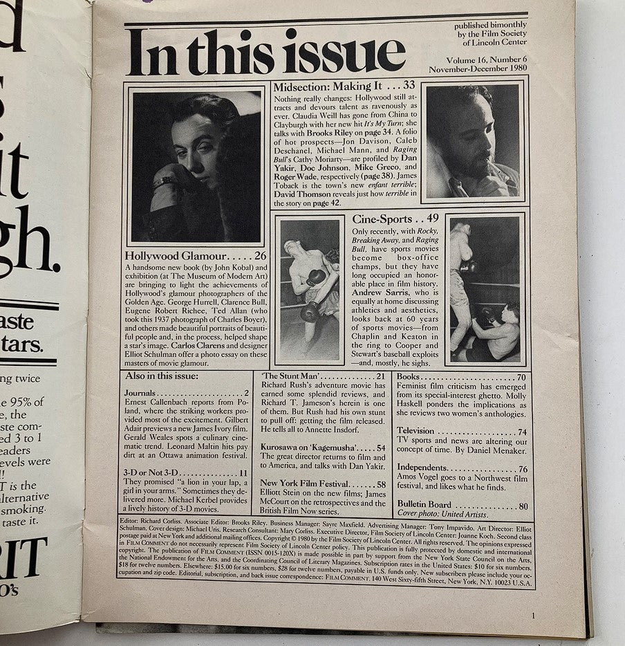 Inside page of VTG Film Comment Magazine November 1980 Vol 16 #6 displaying the table of contents with features on Hollywood glamour and sports films.