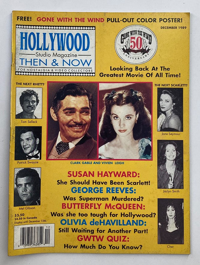 Cover of the vintage magazine 'VTG Hollywood Studio Magazine Then & Now - December 1989' featuring Clark Gable and Vivien Leigh with a prominent header about 'Gone with the Wind' 50th Anniversary, showcasing nostalgic Hollywood actors and articles related to classic cinema.