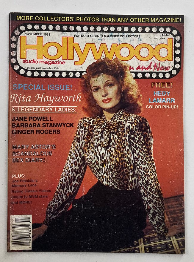 Cover of the VTG Hollywood Studio Magazine Then & Now November 1988 featuring Rita Hayworth. The cover showcases a special issue highlighted by a vibrant design, with Rita Hayworth elegantly posed in a leopard print outfit. This collectible magazine offers a nostalgic journey into classic Hollywood and cinema.