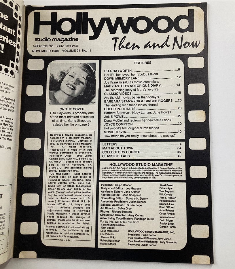 First page of the VTG Hollywood Studio Magazine Then & Now November 1988. The page features a layout that lists articles and highlights, including a profile on Rita Hayworth, emphasizing her contributions to film. The magazine emphasizes Hollywood nostalgia, making it a valuable collectible for vintage magazine enthusiasts.