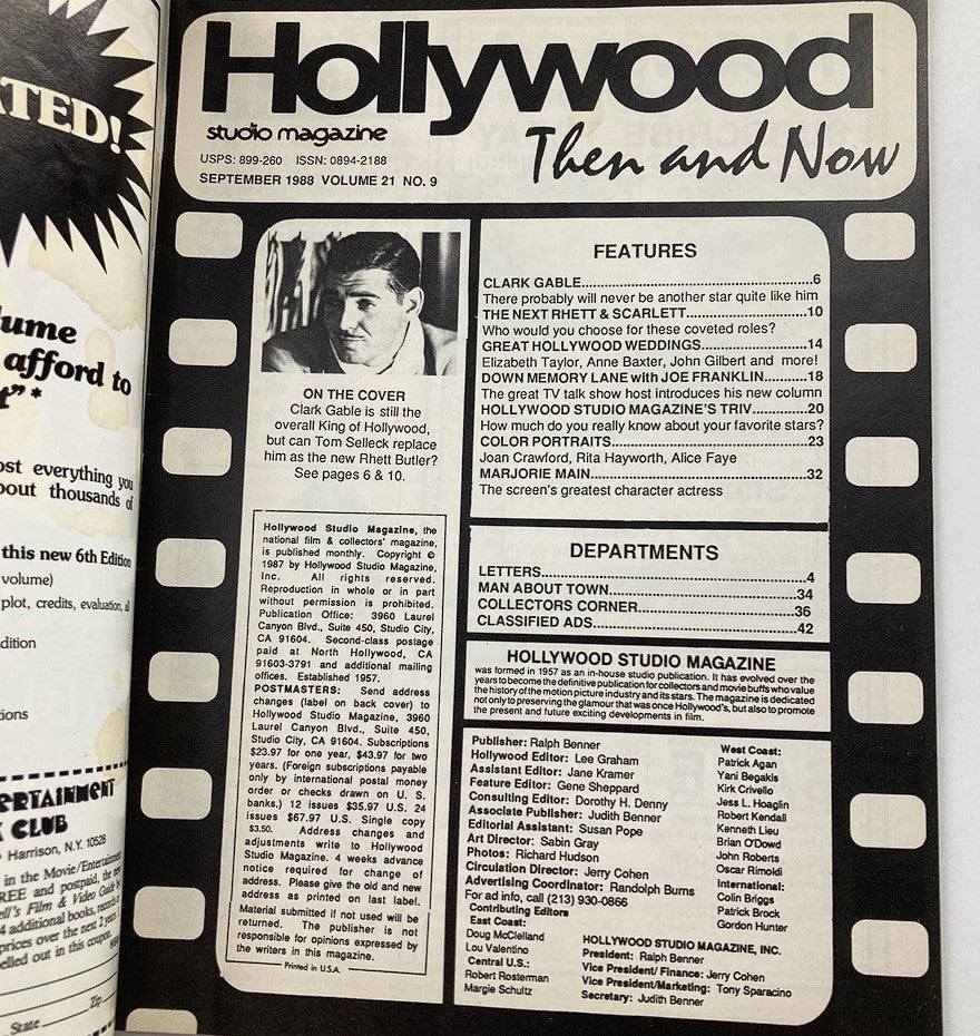 Cover page of the VTG Hollywood Studio Magazine Then & Now September 1988 featuring Clark Gable with article highlights and magazine details.