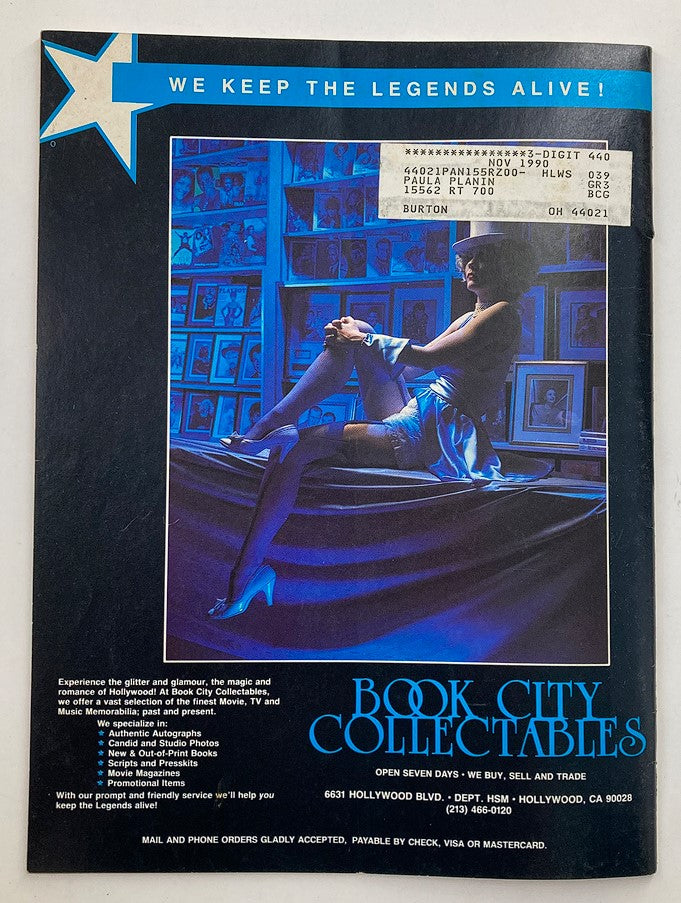 Back cover of Hollywood Studio Magazine Then & Now December 1989 showcasing Book City Collectables, highlighting Hollywood memorabilia and collectibles available for purchase.