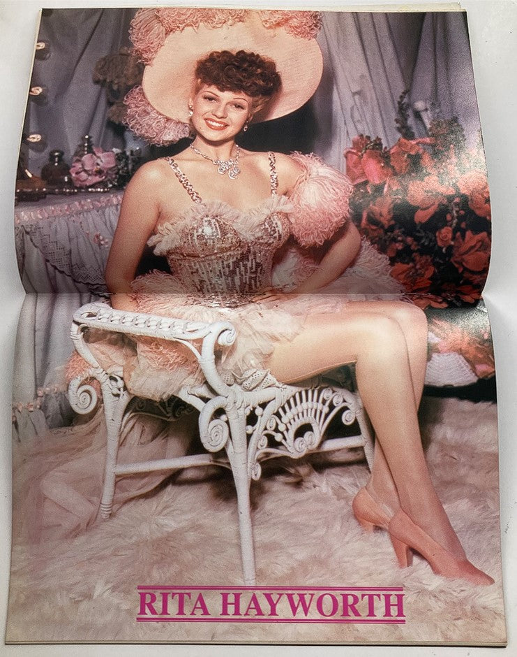 Vintage poster of Rita Hayworth from the VTG Hollywood Studio Magazine Then & Now September 1988, showcasing her glamorous style and highlighting her contributions to Hollywood.