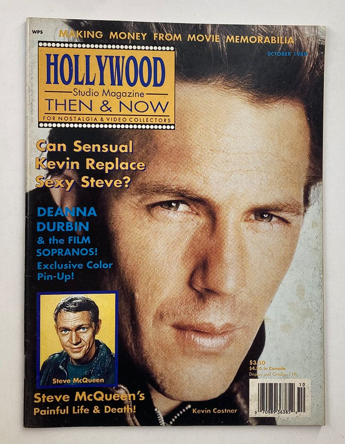Cover of VTG Hollywood Studio Magazine Then & Now October 1989 featuring Kevin Costner, with a bold title and promotional highlights about Deanna Durbin and Steve McQueen.