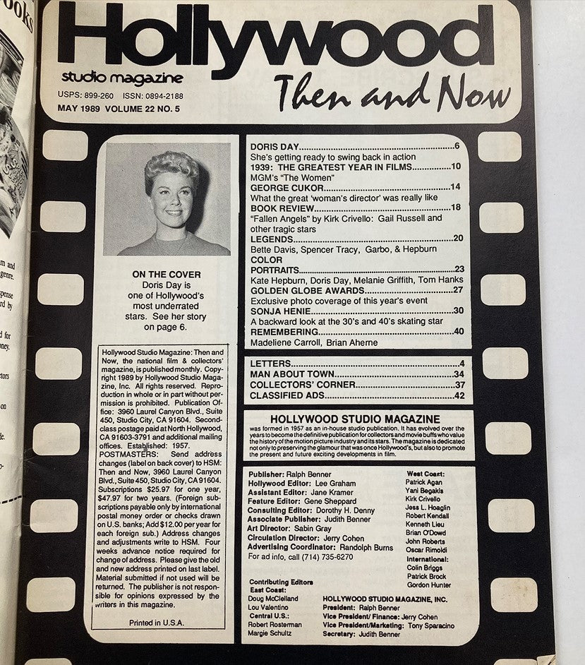 Interior page of Hollywood Studio Magazine Then & Now May 1989 highlighting Doris Day, with details about her feature story and other magazine contents.