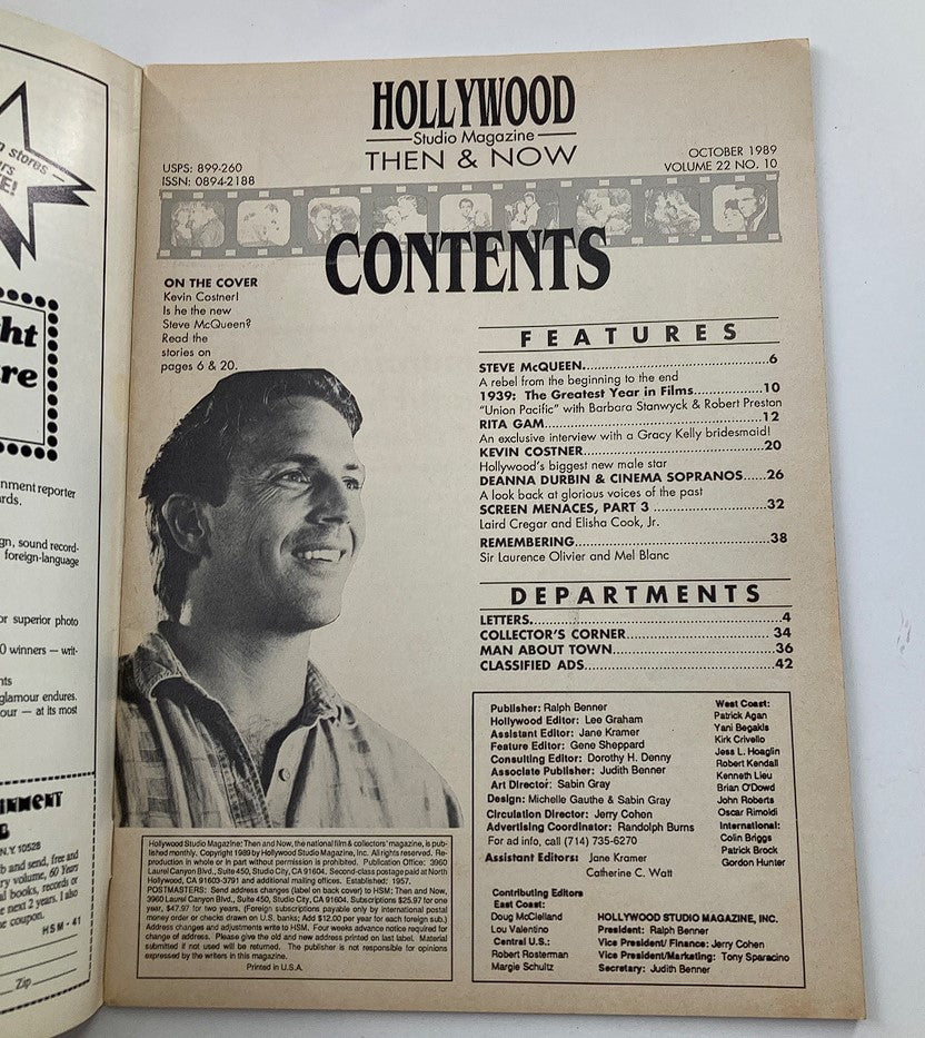 Contents page of VTG Hollywood Studio Magazine Then & Now October 1989, showcasing features about Kevin Costner, Steve McQueen, and Deanna Durbin.