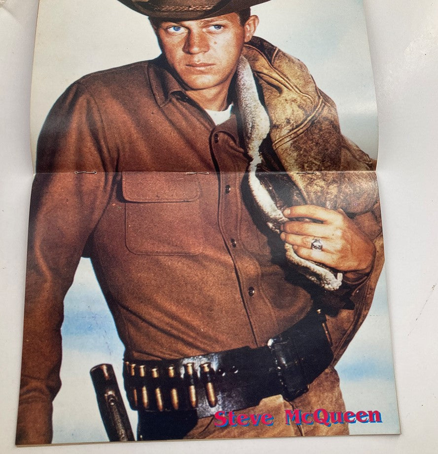 Poster of Steve McQueen from VTG Hollywood Studio Magazine Then & Now October 1989, depicting him in a cowboy outfit with a determined expression.
