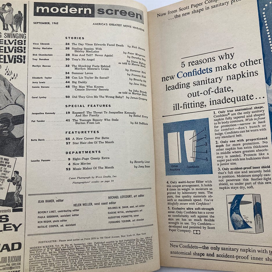 Interior page of VTG Modern Screen Magazine September 1962 displaying the table of contents and featured stories including Jacqueline Kennedy.