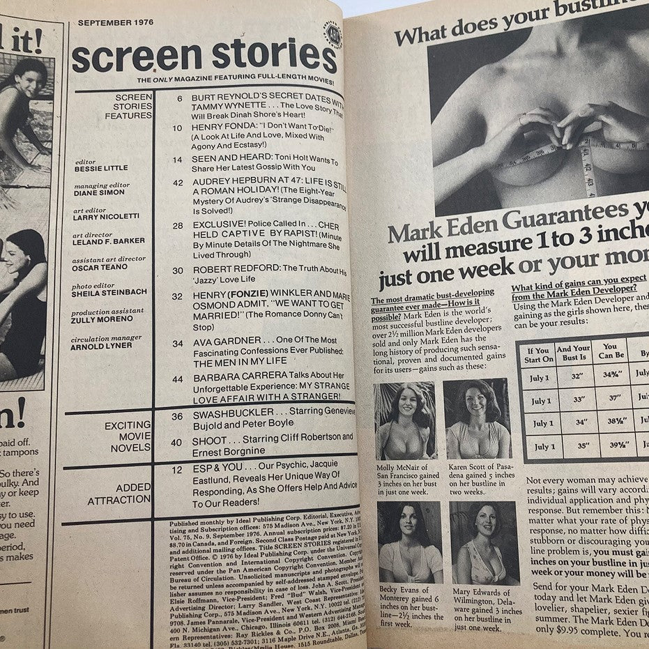 VTG Screen Stories Magazine September 1976 Cher, Burt Rynolds No Label