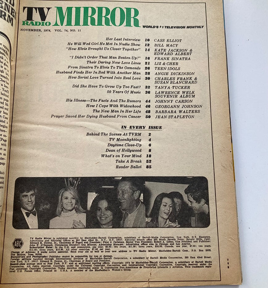 VTG TV Radio Mirror Magazine November 1974 Vol 74 #11 Cher & Geffen No Label