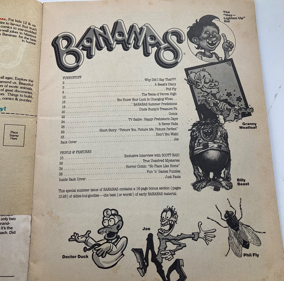 Inside page of VTG Bananas Magazine 1982 No. 57 displaying the table of contents and humorous illustrations related to the content.