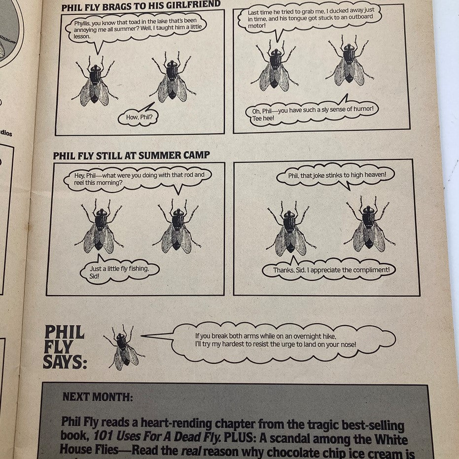 Comic strip from VTG Bananas Magazine 1982 No. 57 featuring Phil Fly jokes and humorous dialogue with illustrated flies.