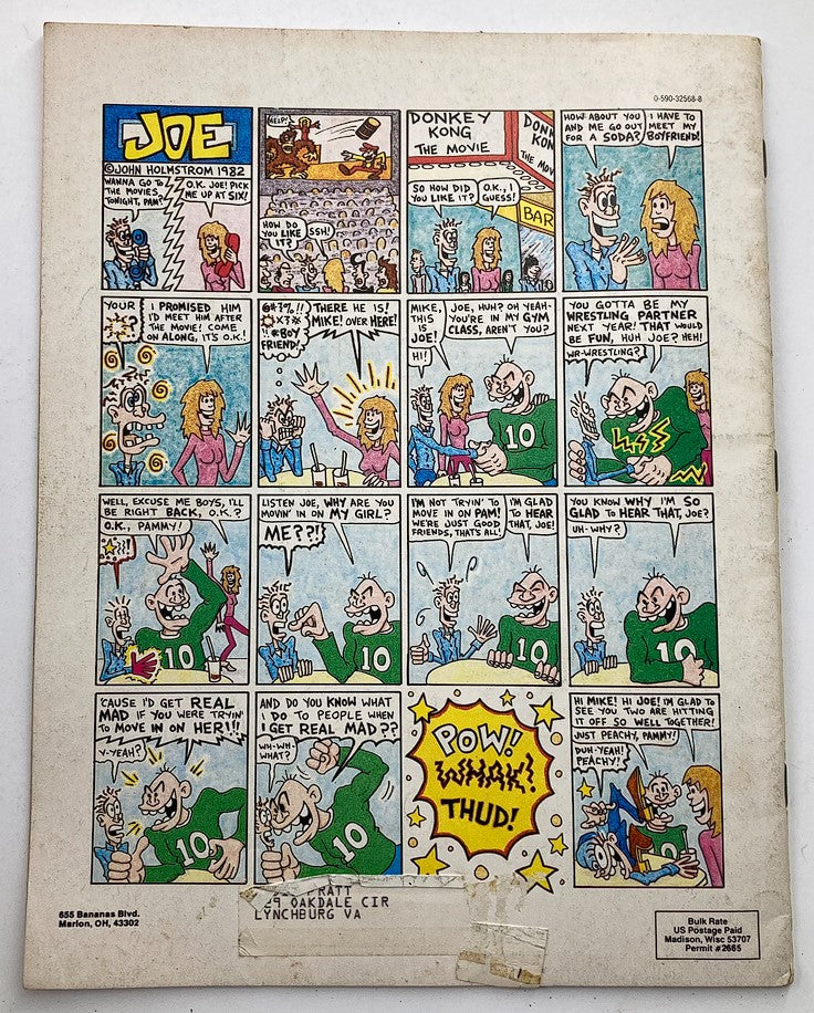 Back cover of the VTG Bananas Magazine 1982 No. 57 featuring a comic strip titled 'JOE' by John Holmstrom with colorful illustrations and dialogue from the early 1980s.