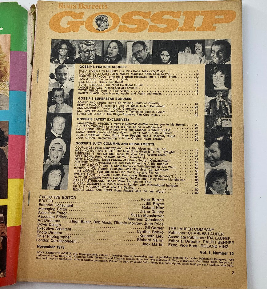 VTG Rona Barrett's Gossip Magazine November 1973 Vol1 #12 Sonny & Cher No Label