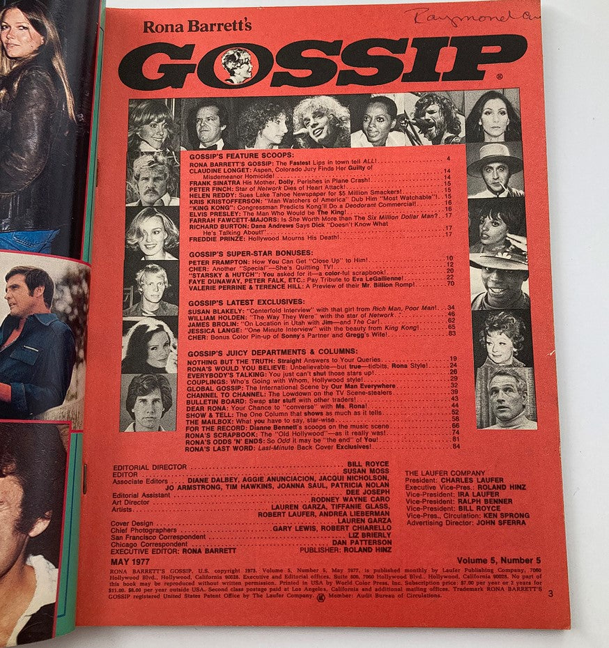 VTG Rona Barrett's Gossip Magazine May 1977 Vol 5 #5 Cher, Peter Finch No Label