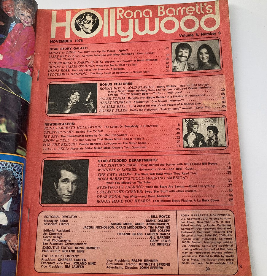 VTG Rona Barrett's Hollywood Magazine November 1976 Sonny & Cher No Label