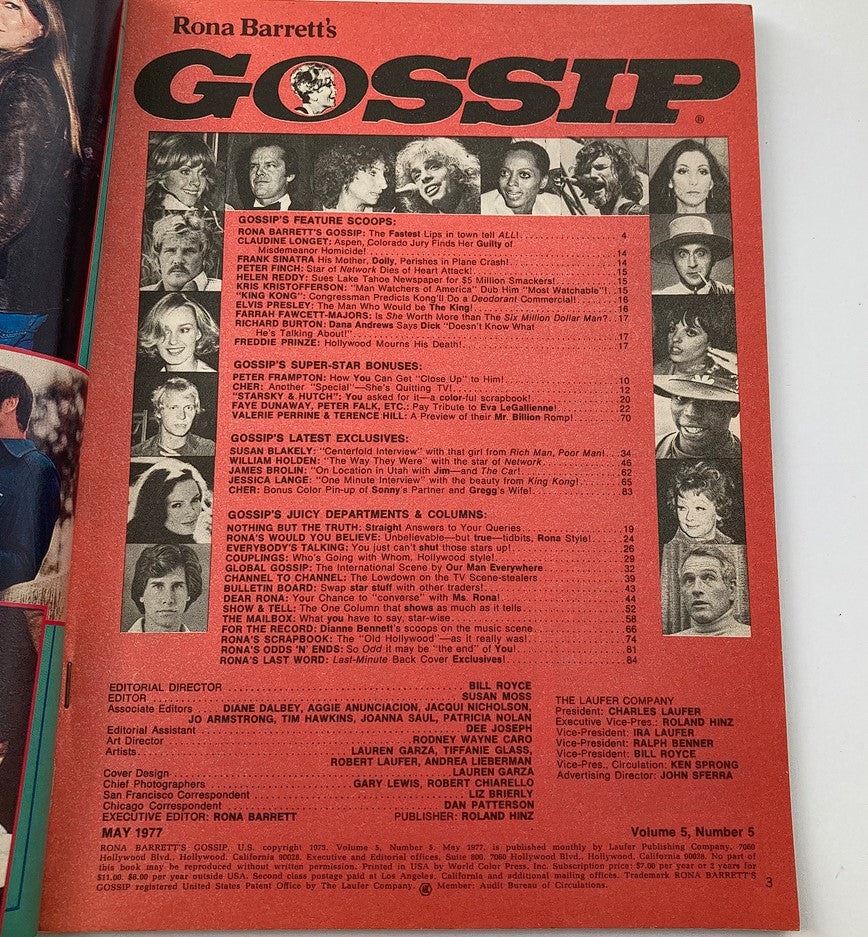 VTG Rona Barrett's Gossip Magazine May 1977 Vol 5 #5 Cher, Will Holden No Label