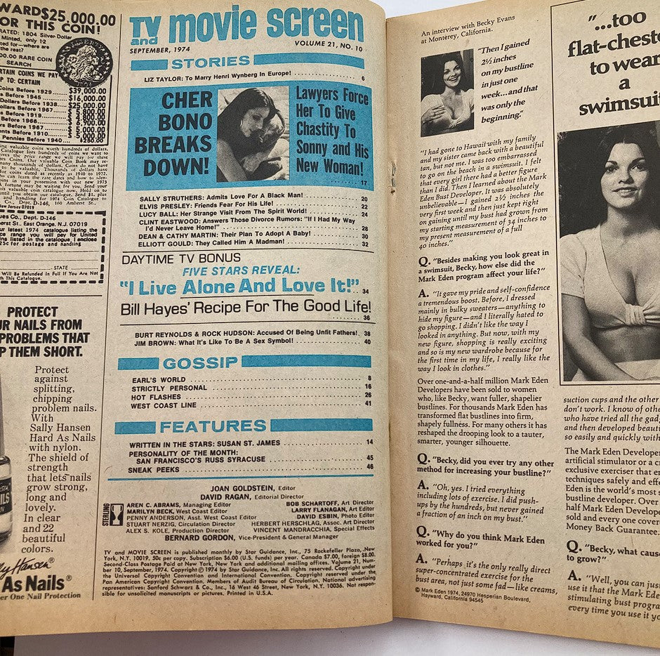 VTG TV and Movie Screen Magazine September 1974 Cher Breaks Down No Label