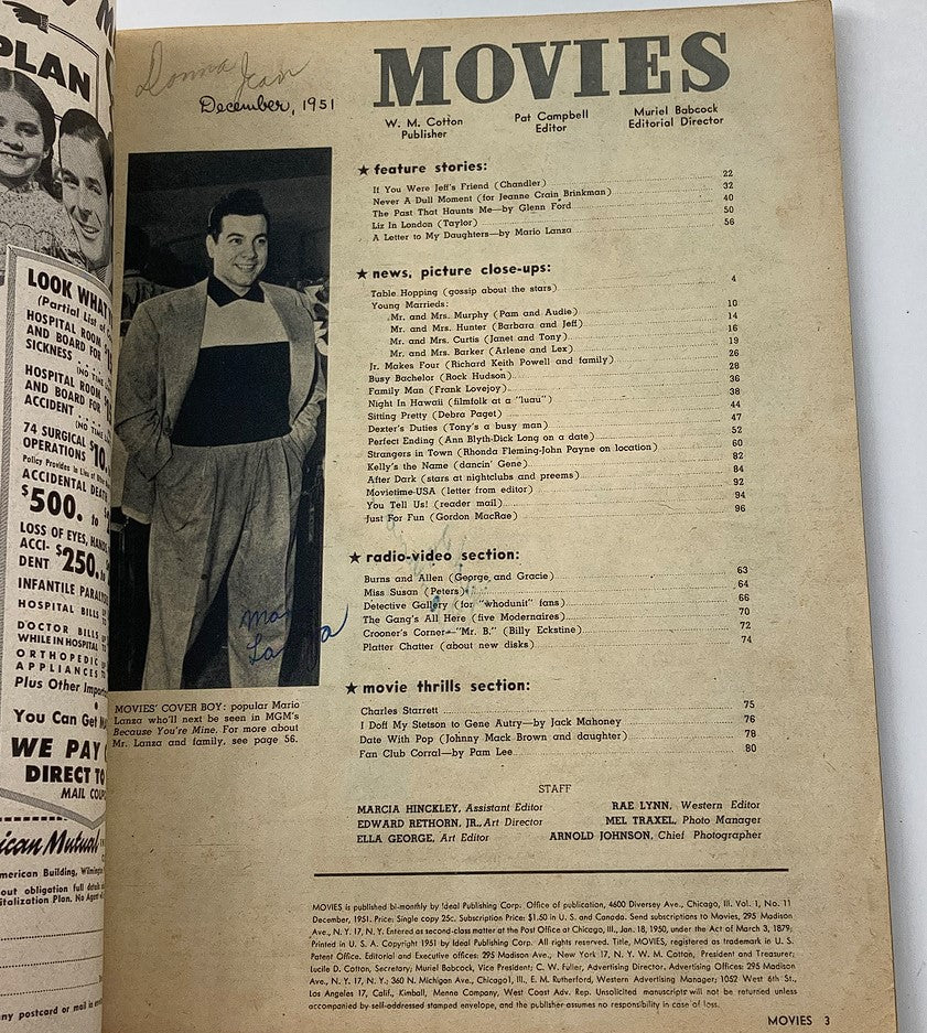 VTG Movies Magazine December 1951 Vol 1 #11 Mario Lanza, Liz Taylor No Label