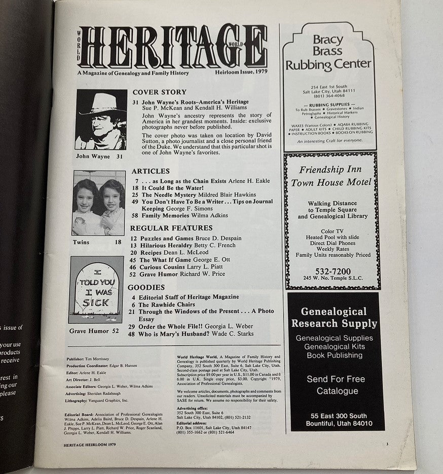 VTG World Heritage Magazine 1979 Heirloom Issue John Wayne No Label