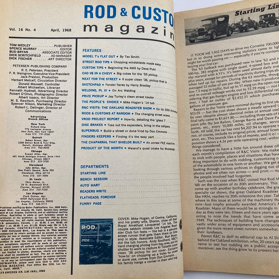 VTG Rod & Custom Magazine April 1968 Vol 16 #4 Mike Hogan Tender Tub No Label