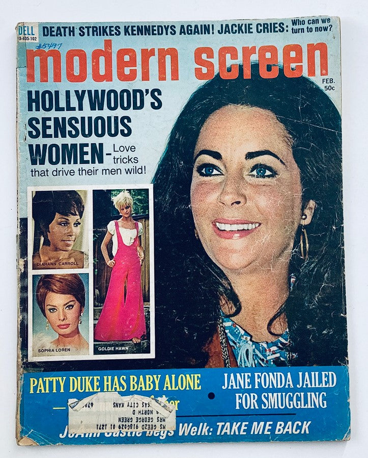 February 1971 issue of Modern Screen Magazine featuring Elizabeth Taylor and Sophia Loren on the cover, highlighting Hollywood's glamorous actresses from the golden age of cinema.