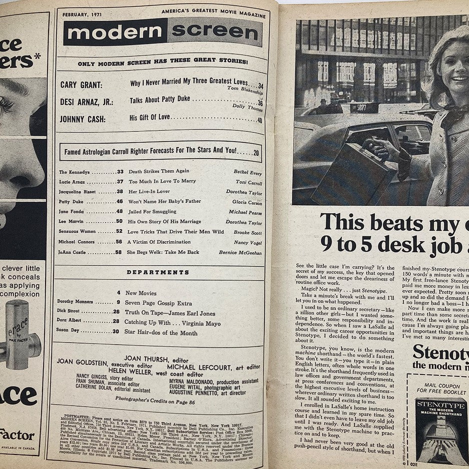 Inside page of February 1971 Modern Screen Magazine, showcasing the magazine's contents including highlights and articles featuring Cary Grant and Desi Arnaz Jr.
