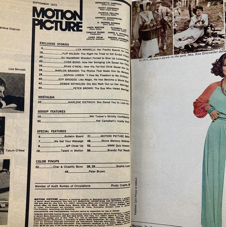 Inside spread of VTG Motion Picture Magazine September 1973, listing exclusive stories and features, including articles about Liza Minnelli and other Hollywood stars. The layout highlights the nostalgic theme of the publication.