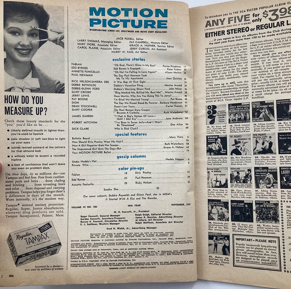 VTG Motion Picture Magazine November 1959 Debbie Reynolds, Glenn Ford No Label