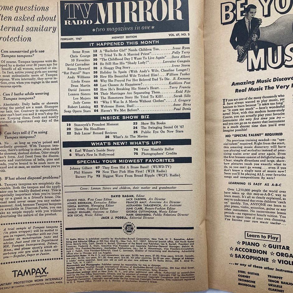 VTG TV Radio Mirror Magazine February 1967 Vol 67 #3 The Lennons No Label