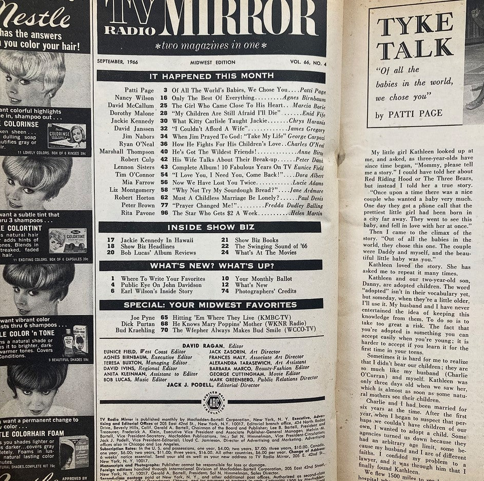 VTG TV Radio Mirror Magazine September 1966 Vol 66 #4 The Lennons Laugh No Label