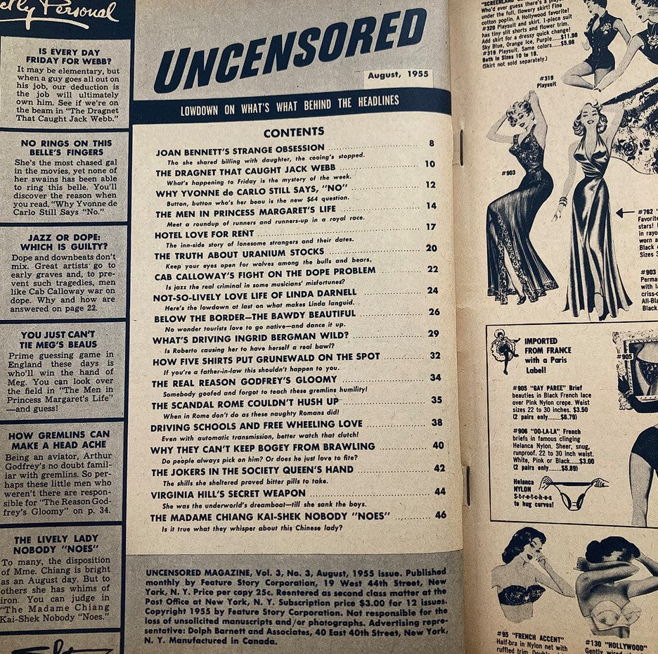 VTG Uncensored Magazine August 3 1955 Vol 3 #3 Joan Bennett Obsession No Label