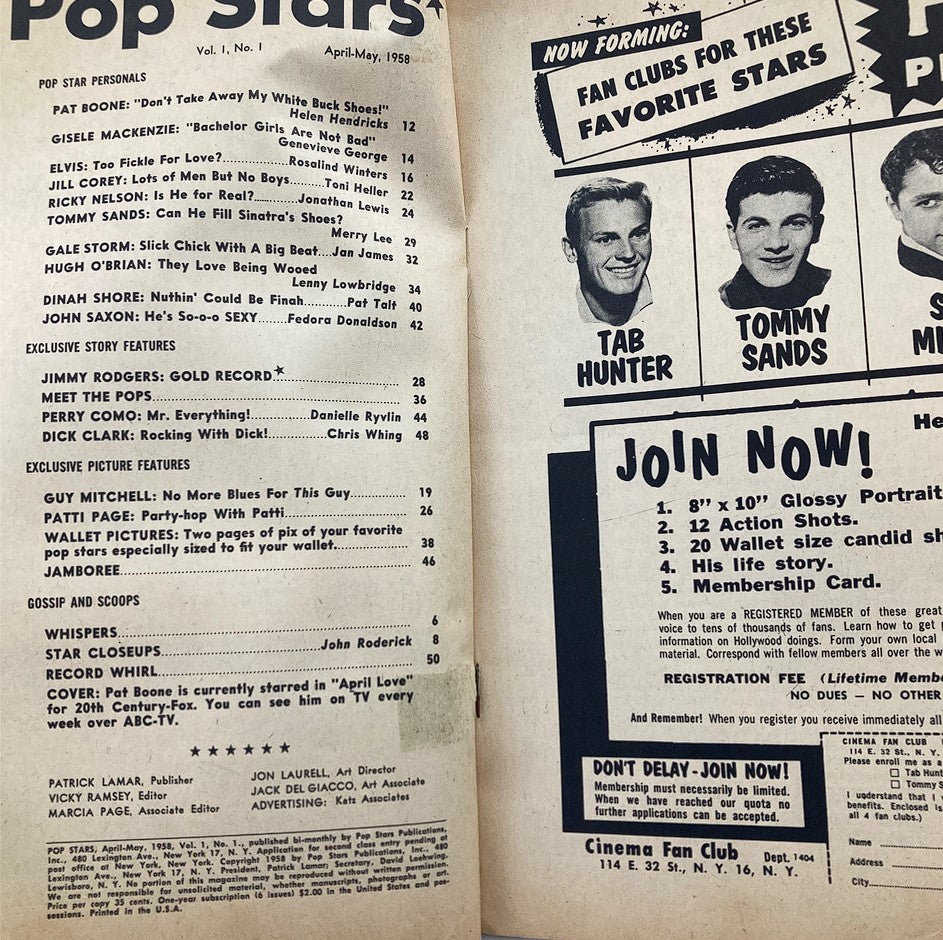 VTG Pop Stars Magazine April 1958 Vol 1 #1 Pat Boone, Gisele MacKenzie No Label