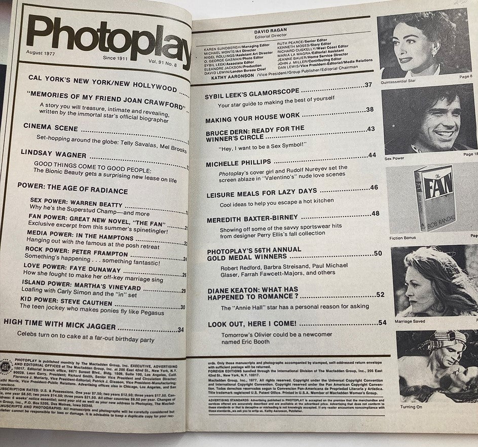 VTG Photoplay Magazine August 1977 Vol 91 #8 Michelle Phillips Cover