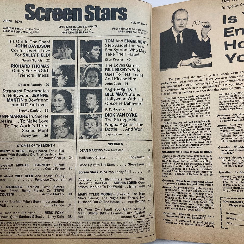 VTG Screen Stars Magazine April 1974 John Davidson and Sally Field No Label