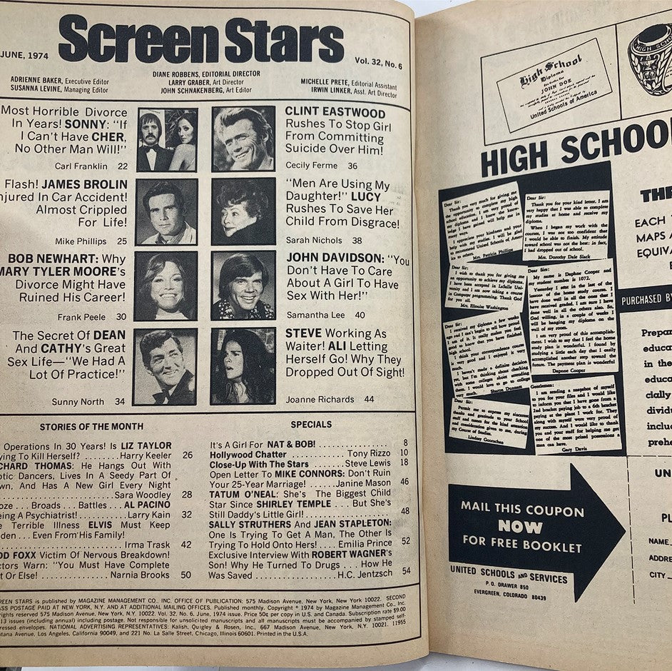 VTG Screen Stars Magazine June 1974 Vol 32 #6 Sonny and Cher No Label